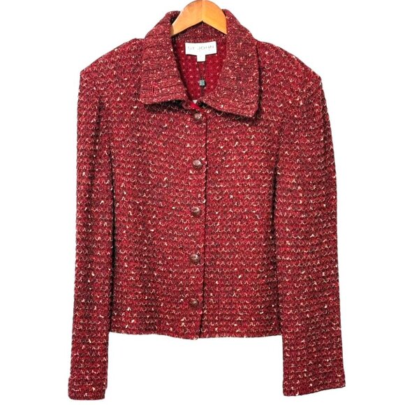 St. John Collection Jackets & Blazers - St. John Collection Claret Classic Knit Tweed Boucle Jacket Button Down Size XL
